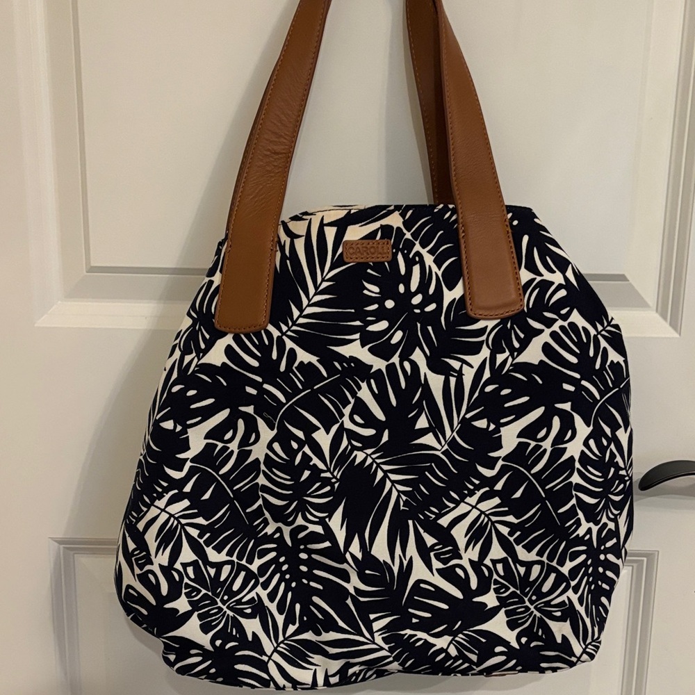 French brand Elegant Black and White Leaf Print Tote with Brown Accents